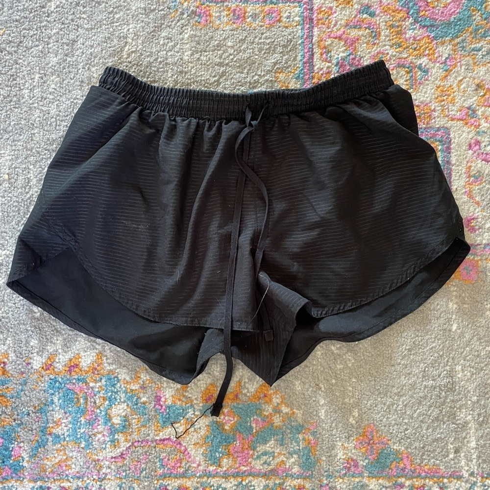 Old navy running shorts, black with tiny stripes